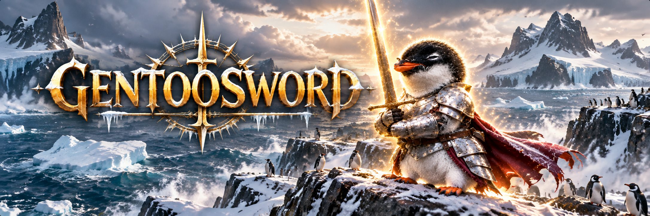 GENTOOSWORD banner: the armored penguin on a snowy cliff above the Antarctic sea