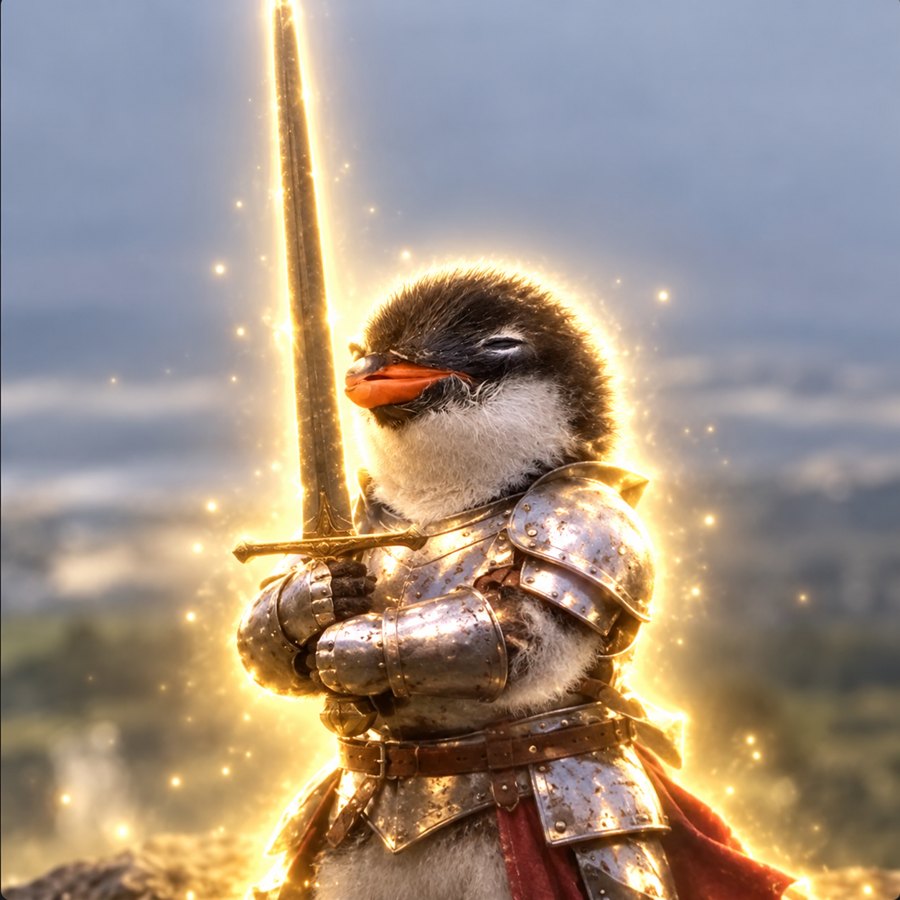 The gentoo penguin in plate armor raising a glowing sword